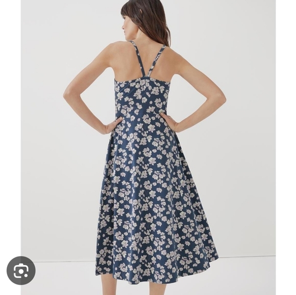 Pact Navy Blue Floral Fit & Flare Midi Dress Large Organic Cotton Racerback - Picture 2 of 9